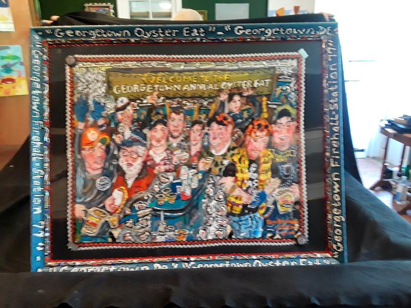 Pam Bounds’ painting of the “Georgetown Oyster Eat” is as close as she could get to attending this historically men-only event.